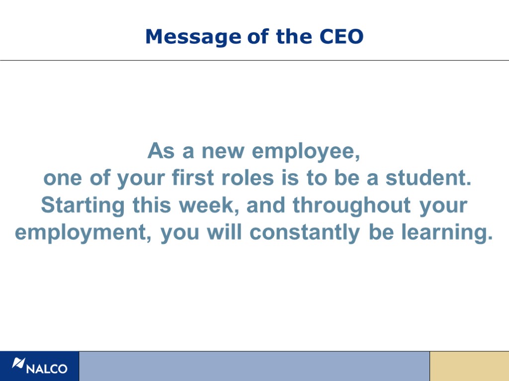 Message of the CEO As a new employee, one of your first roles is